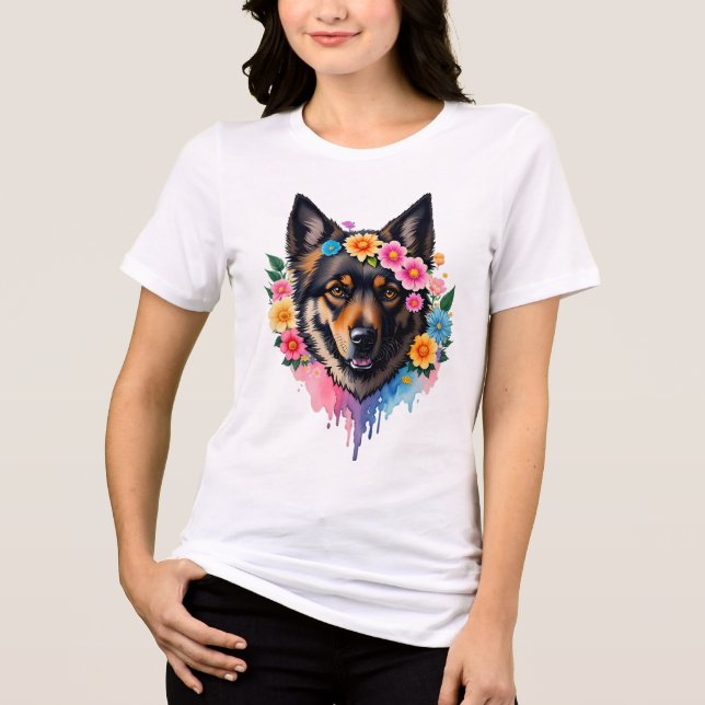 Camiseta Triblenda German Shepherd Wildflower Crown Floral Dog  (Anverso)