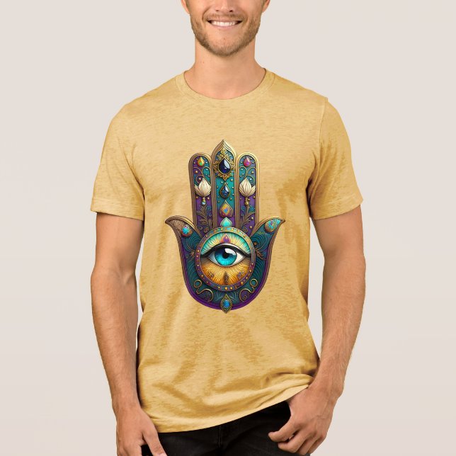 Camiseta Triblenda Gold Violet Teal Hamsa w/ Turquoise Third Eye (Anverso)