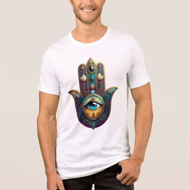 Camiseta Triblenda Gold Violet Teal Hamsa w/ Turquoise Third Eye (Anverso)