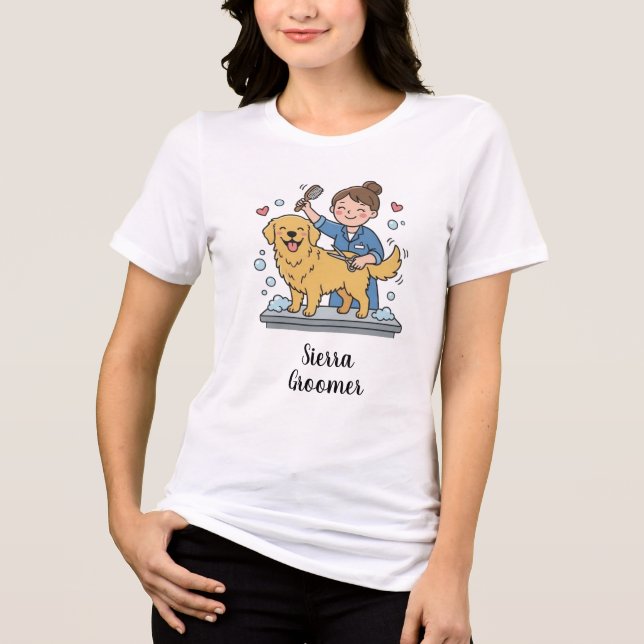 Camiseta Triblenda Golden Retriever Groomer Blue Uniform Cartoon Art (Anverso)