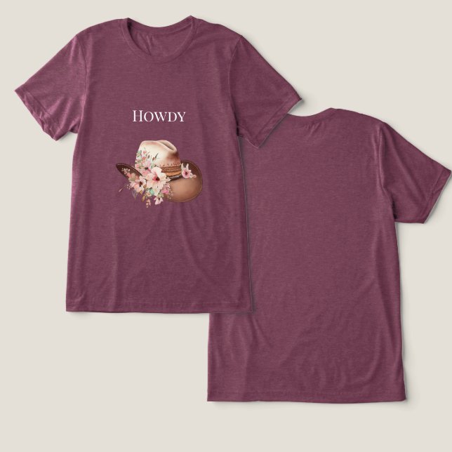 Camiseta Triblenda Gorra de Cowgirl de floral rosa occidental (Diseño Anverso y Reverso)