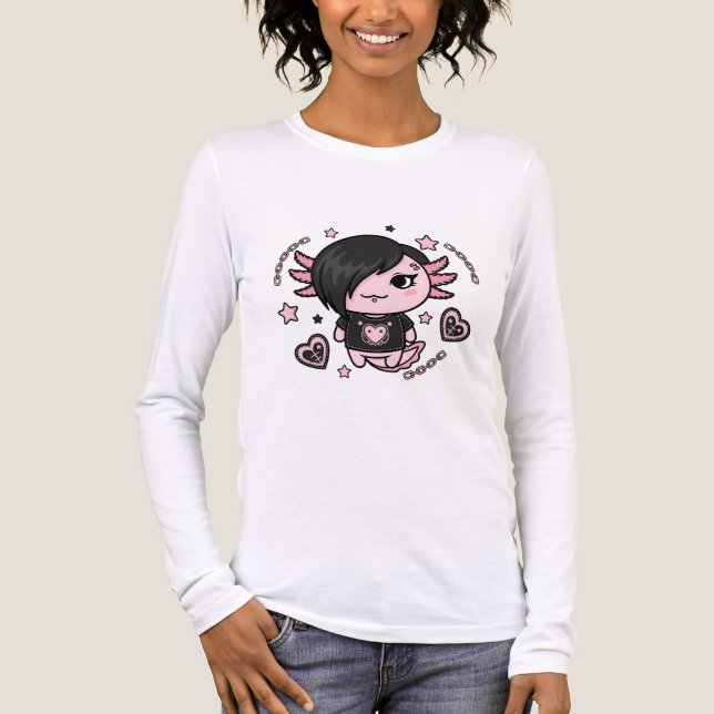 Camiseta Triblenda Goth E-Girl Axolotl with Pink Chains and Hearts (Anverso)