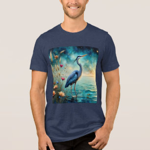 Camiseta Triblenda Gran garza azul y flores en el agua