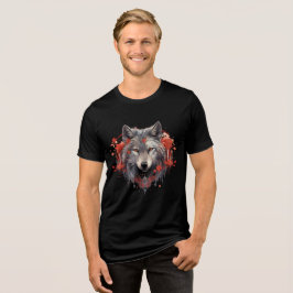 Camiseta Triblenda Gray Wolf with Red Flowers Illustration