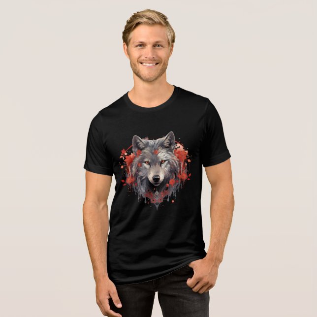 Camiseta Triblenda Gray Wolf with Red Flowers Illustration (Anverso Completo)
