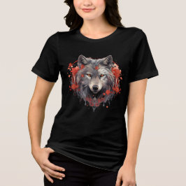 Camiseta Triblenda Gray Wolf with Red Flowers Illustration