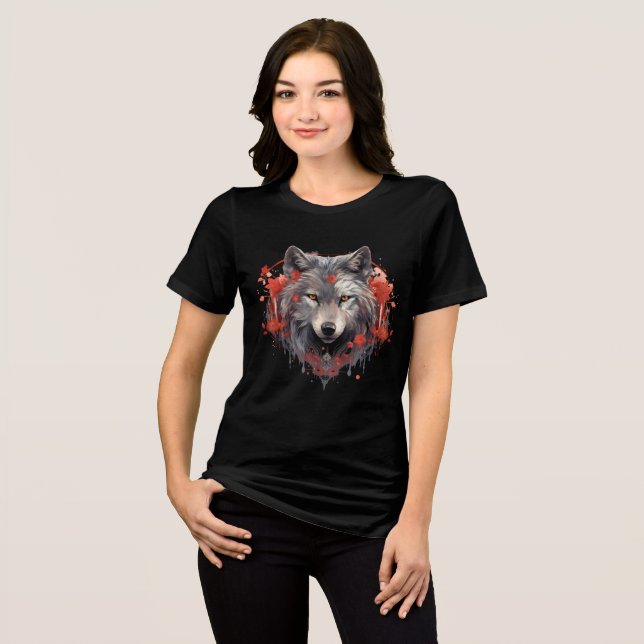 Camiseta Triblenda Gray Wolf with Red Flowers Illustration (Anverso Completo)