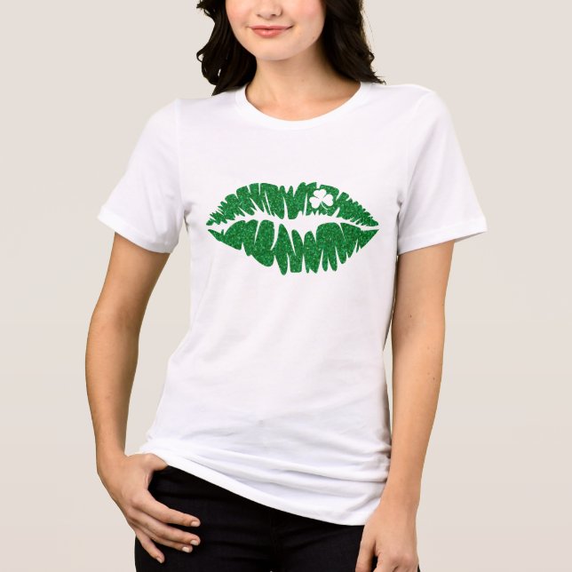 Camiseta Triblenda Green Girly Purpurina Shamrock Lips | St. Patrick' (Anverso)