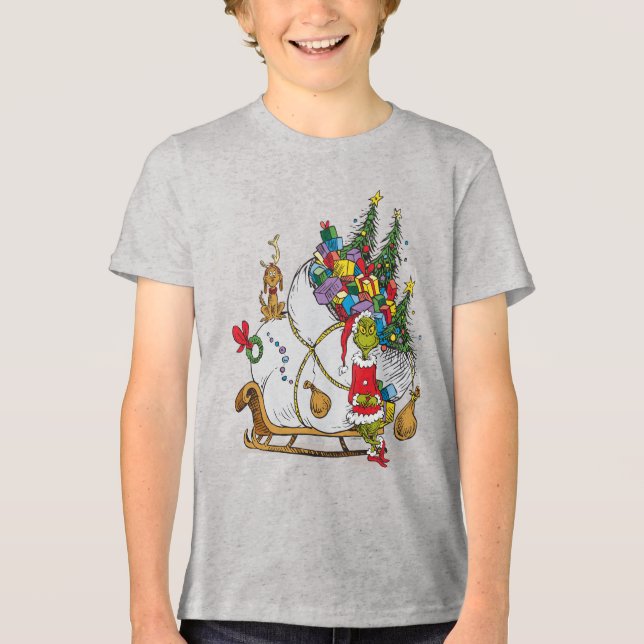 Camiseta Triblenda Grinch clásico | Grinch & Max con Sleigh (Anverso)