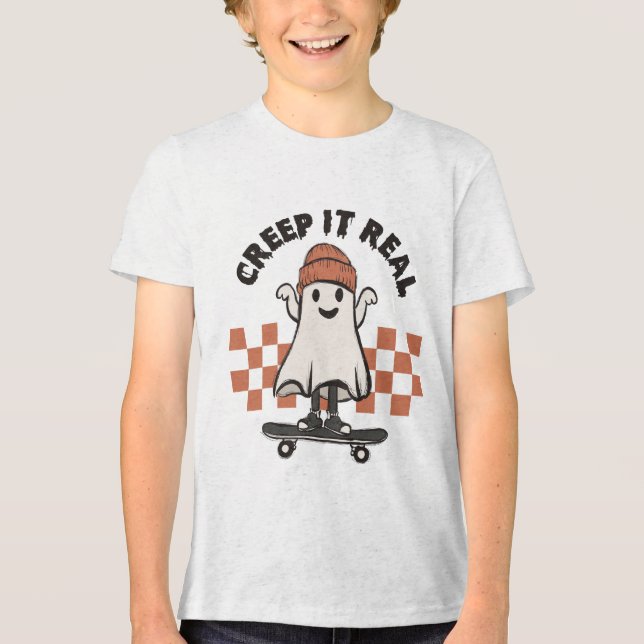 Camiseta Triblenda Halloween Creep It Real Cute Ghost Skateboard (Anverso)