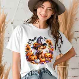 Camiseta Triblenda Halloween Cute Highland Cow Witch Bats