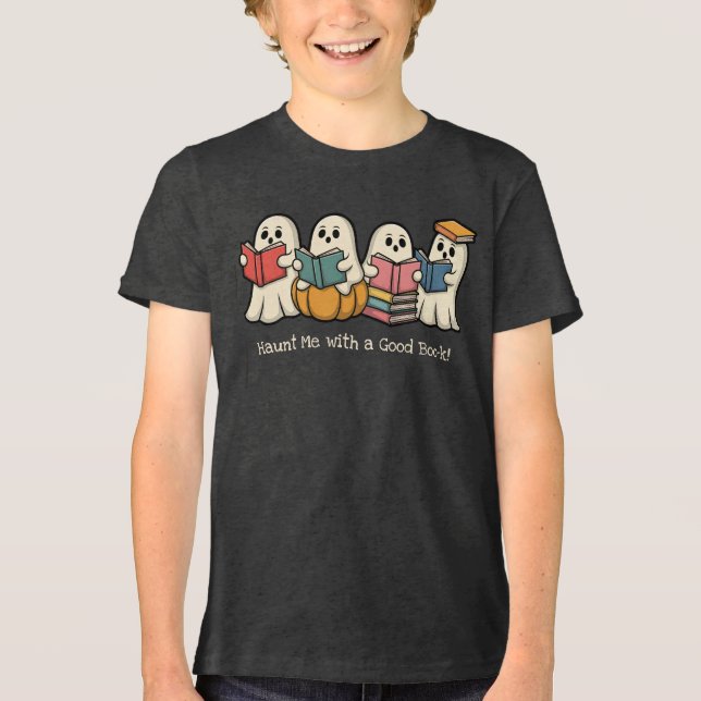 Camiseta Triblenda Halloween Fantasmas leyendo libros Personalizable  (Anverso)