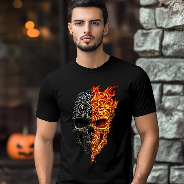 Camiseta Triblenda Halloween, ilustracion de la llama del tatuaje del (Illustration of Skull Tattoo Fire Flame Halloween T-Shirt)