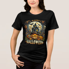 Camiseta Triblenda Happy Halloween Spooky Haunted House & Pumpkins