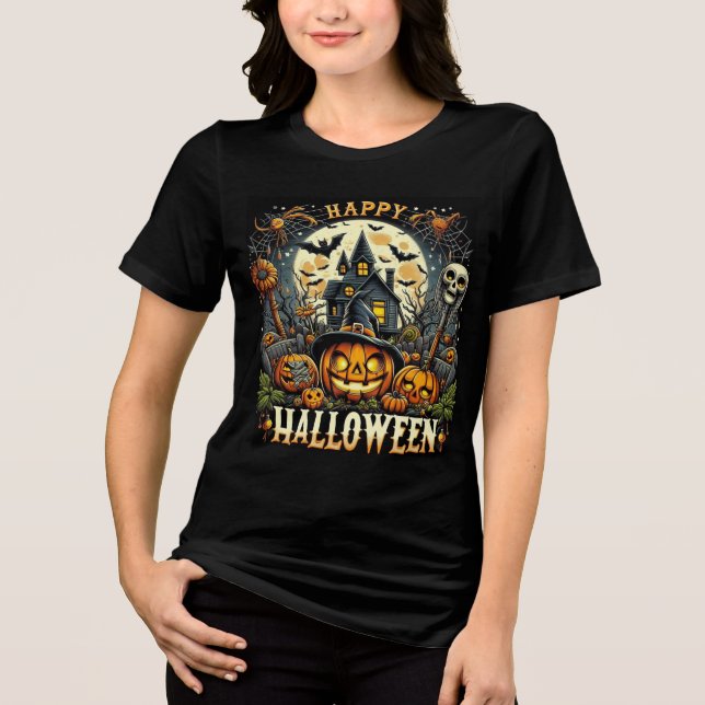 Camiseta Triblenda Happy Halloween Spooky Haunted House & Pumpkins (Anverso)
