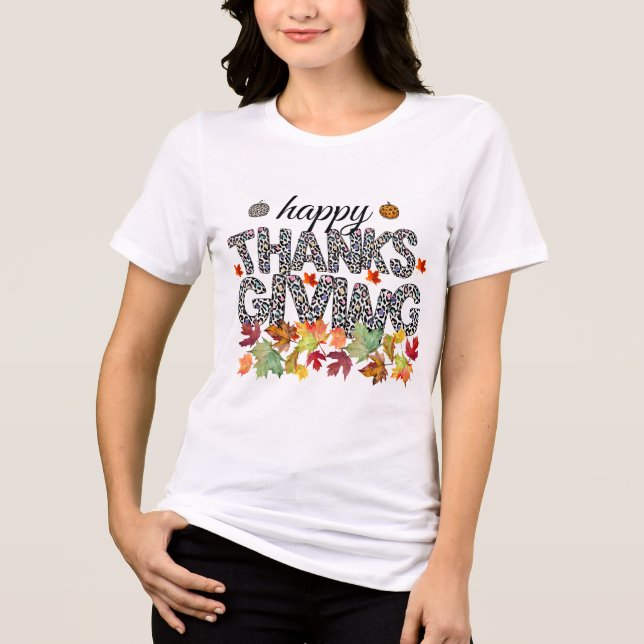 Camiseta Triblenda Happy Thanksgiving Leopard Print & Fall Leaves Tee (Anverso)