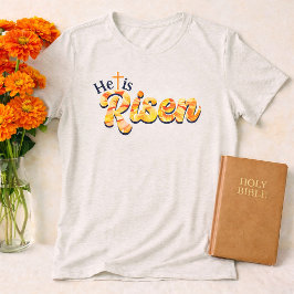Camiseta Triblenda He Is Risen Cross Orange Floral Lettering Easter 