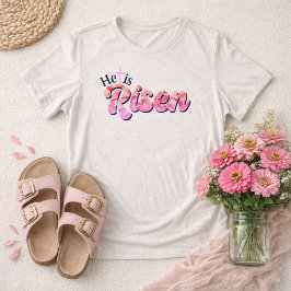 Camiseta Triblenda He Is Risen Cross Pink Floral Lettering Easter 