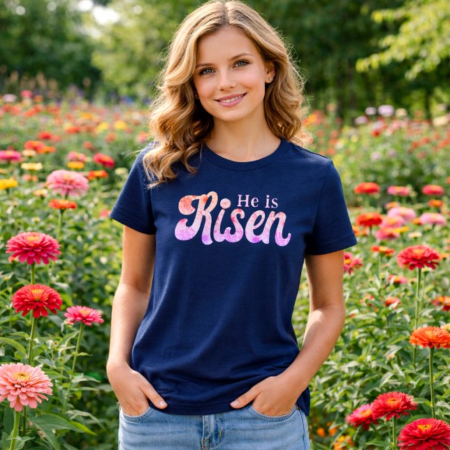 Camiseta Triblenda He Is Risen Floral Easter Font on Navy Christian (He is Risen Zinnia Floral Font Easter Shirt)
