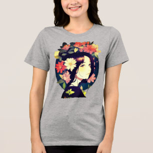 Camiseta Triblenda Hermosa Chica anime coronada con flores