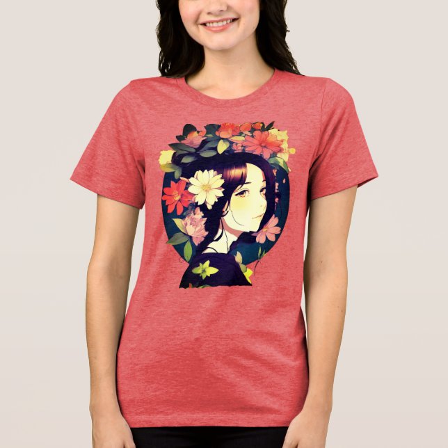 Camiseta Triblenda Hermosa Chica anime coronada con flores (Anverso)