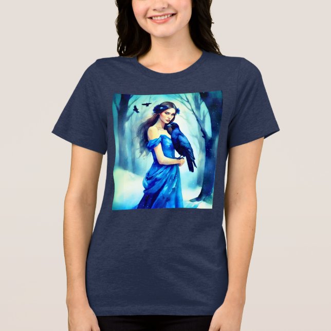 Camiseta Triblenda Hermosa mujer con barranco en un bosque de nieve (Anverso)