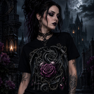 Camiseta Triblenda Hermoso Dragón Gótico Engalanado con una Rosa
