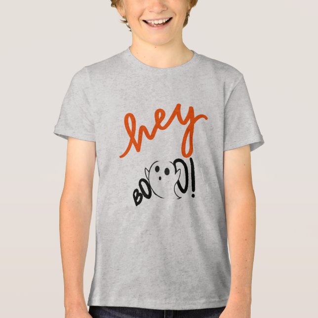 Camiseta Triblenda Hey Boo Naranja Negro Funny Halloween Ghost kid (Anverso)