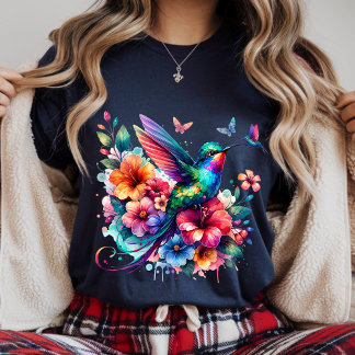 Camiseta Triblenda Hummingbirds With Colorful Floral Bouquet T-Shirt