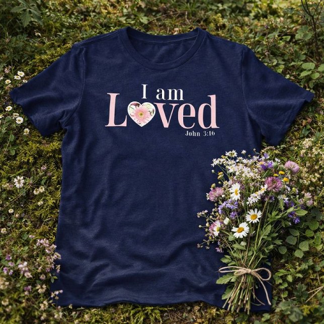 Camiseta Triblenda I Am Loved John 3:16  Floral Heart Christian (I am Loved John 3:16 Navy Blue Floral Heart Christian Valentine Shirt)