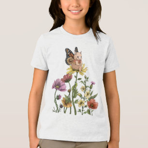 Camiseta Triblenda Ilustración de conejito mariposa lindo en jardín d