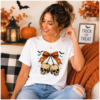 Camiseta Triblenda Ilustración de Halloween de lazo de cráneo coquett