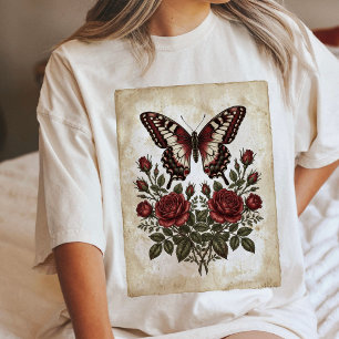 Camiseta Triblenda Ilustración de mariposa vintage y rosas rojas