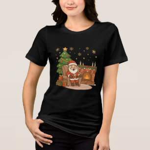 Camiseta Triblenda Ilustración navideña de Santa Claus y renos lindos
