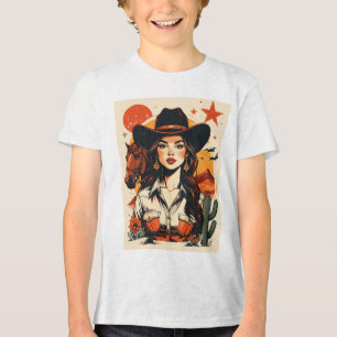 Camiseta Triblenda Ilustración Vintage de Vaquera Occidental al Atard