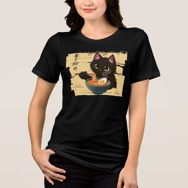 Camiseta Triblenda Kawaii Black Cat Eating Ramen – Cute Japanese Food (Anverso)