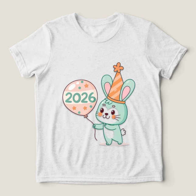 Camiseta Triblenda Kawaii Chibi Rabbit Mascot Holding 2026 Balloons  (Diseño delantero )