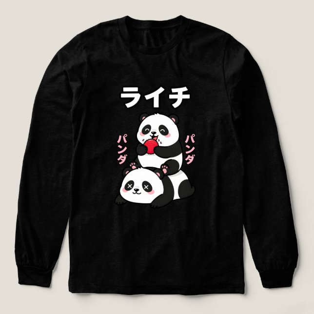 Camiseta Triblenda Kawaii Panda Stack Lychee Fruit Japanese Cartoon (Diseño traserp)
