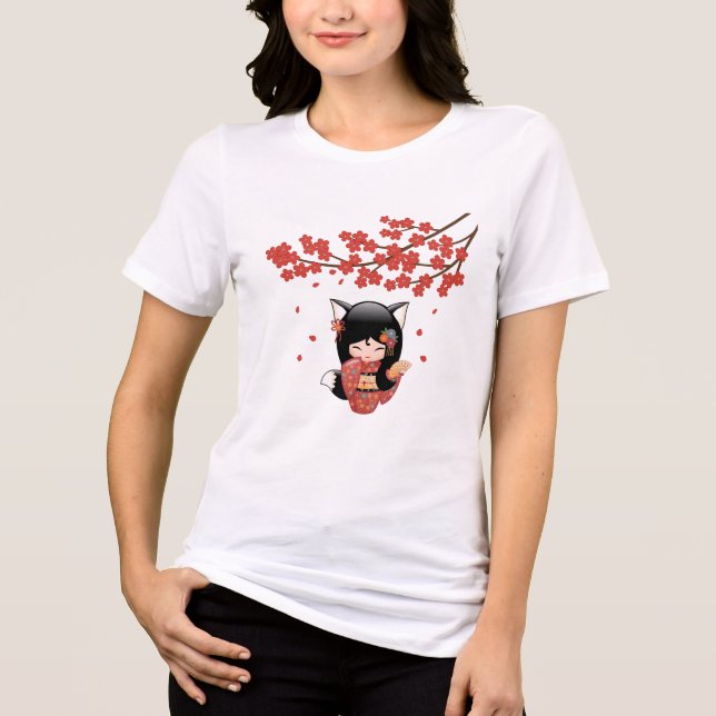 Camiseta Triblenda Kitsune Kokeshi Doll Negro Fox Geisha Chica Azul (Anverso)