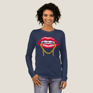 Camiseta Triblenda Labios rojos mordiendo una cadena dorada elegante