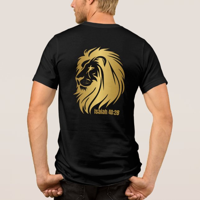 Camiseta Triblenda León de oro de Judá Isaías 40:28 Cristiano (Reverso)