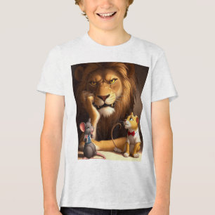 Camiseta Triblenda León Molesto con Cachorro Curioso y Ratón Pequeño