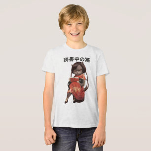 Camiseta Triblenda Leyendo gato en Cheongsam - Arte Kanji de Anime Re