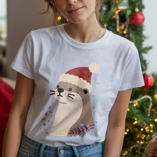 Camiseta Triblenda Linda nutria con sombrero de Navidad, Animal festi