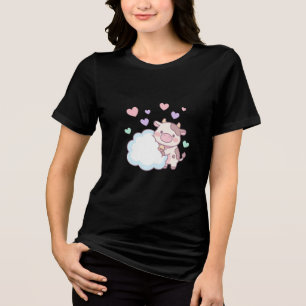 Camiseta Triblenda Lindo Cow Kawaii Abrazando una Nube con Corazones