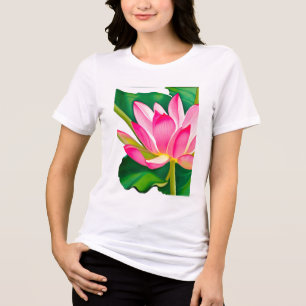 Camiseta Triblenda Lirio de agua rosa grande con hojas verdes de esme