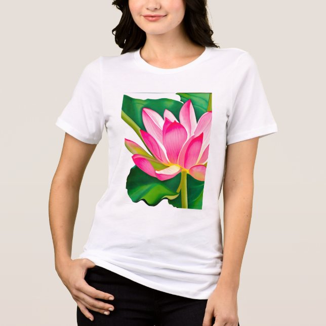 Camiseta Triblenda Lirio de agua rosa grande con hojas verdes de esme (Anverso)