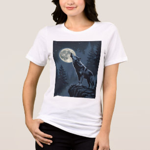 Camiseta Triblenda Lobo Solitario Aullando a la Luna Arte de Bosque N