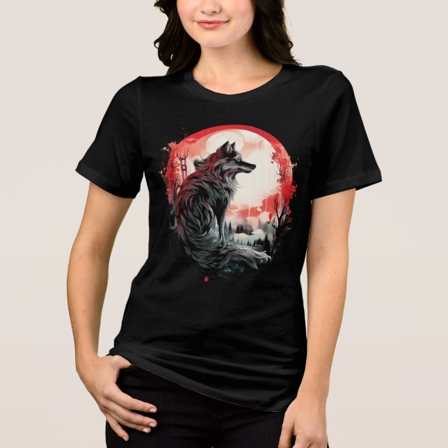 Camiseta Triblenda Lone Wolf Under Moon – Red Forest Art (Anverso)