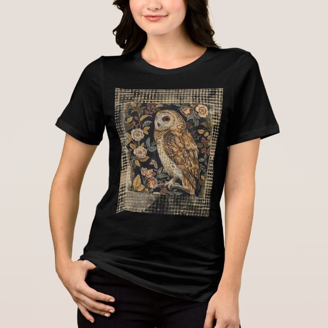 Camiseta Triblenda Lovely Owl in the Flowers Garden ,Gold Checkered , (Anverso)